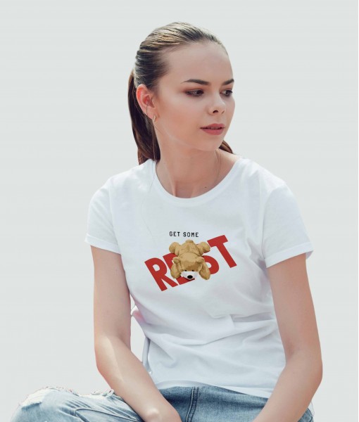 Дамска тениска с щампа Текст и надписи Get some rest with bear